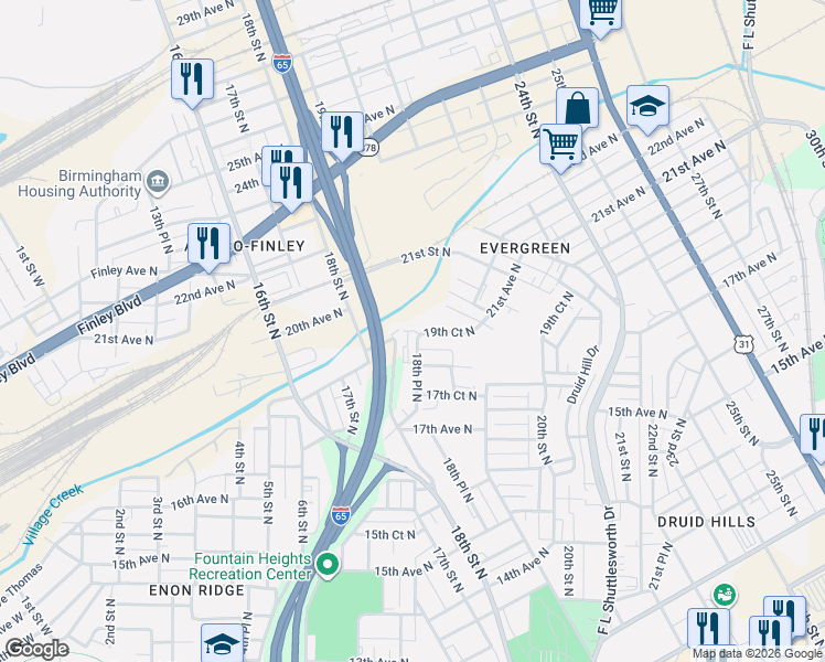 map of restaurants, bars, coffee shops, grocery stores, and more near 1918 18th Place North in Birmingham