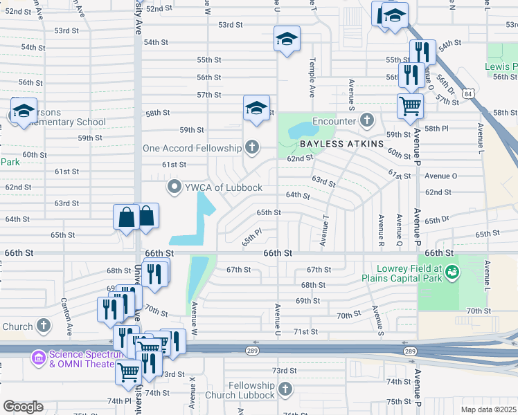map of restaurants, bars, coffee shops, grocery stores, and more near 2113 64th St in Lubbock