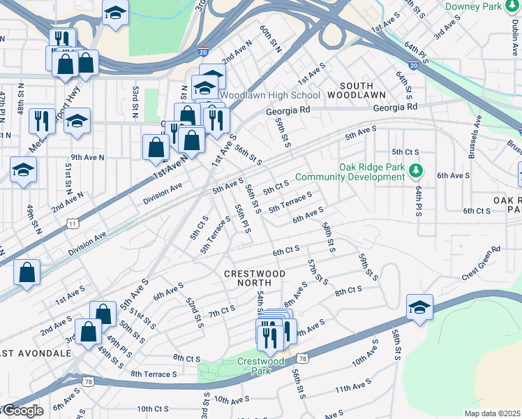map of restaurants, bars, coffee shops, grocery stores, and more near 5600 5th Terrace South in Birmingham
