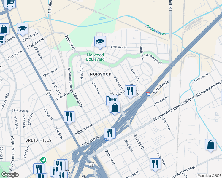 map of restaurants, bars, coffee shops, grocery stores, and more near 1325 31st Street North in Birmingham