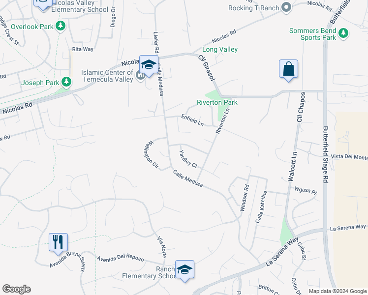 map of restaurants, bars, coffee shops, grocery stores, and more near 40429 Chauncey Way in Temecula