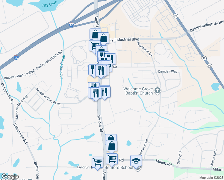 map of restaurants, bars, coffee shops, grocery stores, and more near 8040 Senoia Road in Fairburn