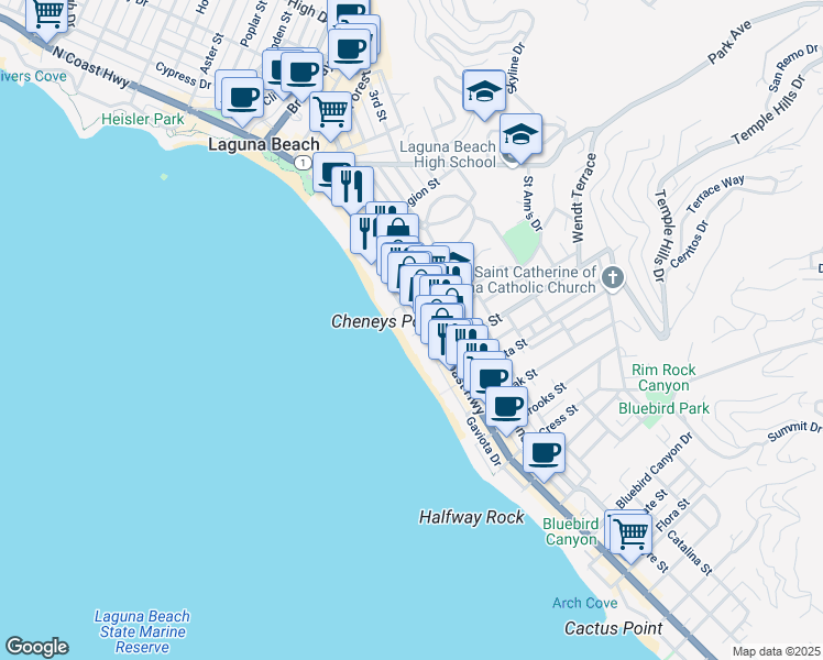 map of restaurants, bars, coffee shops, grocery stores, and more near 160 Saint Ann's Drive in Laguna Beach