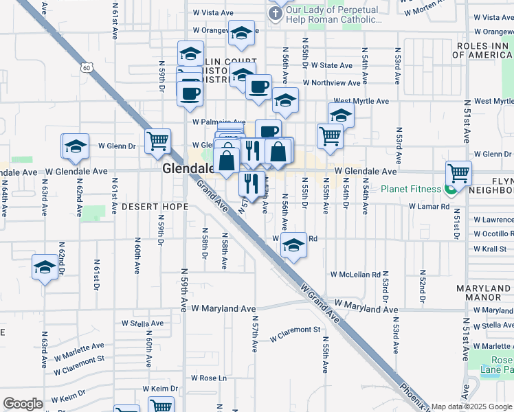 map of restaurants, bars, coffee shops, grocery stores, and more near 5707 West Lamar Road in Glendale