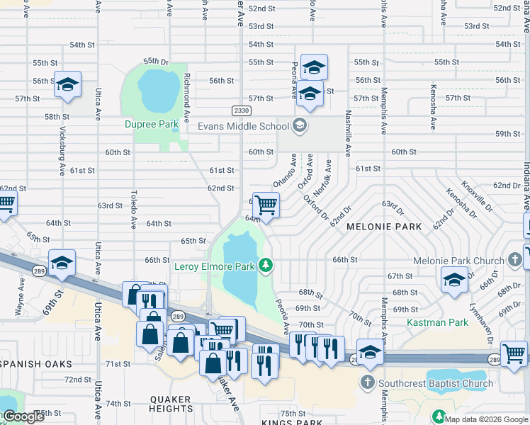 map of restaurants, bars, coffee shops, grocery stores, and more near 4307 63rd Street in Lubbock