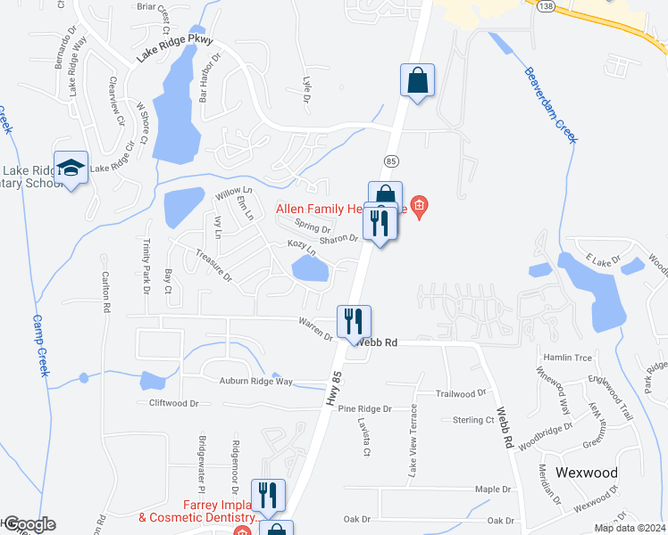map of restaurants, bars, coffee shops, grocery stores, and more near 10 Lakeview Drive in Riverdale