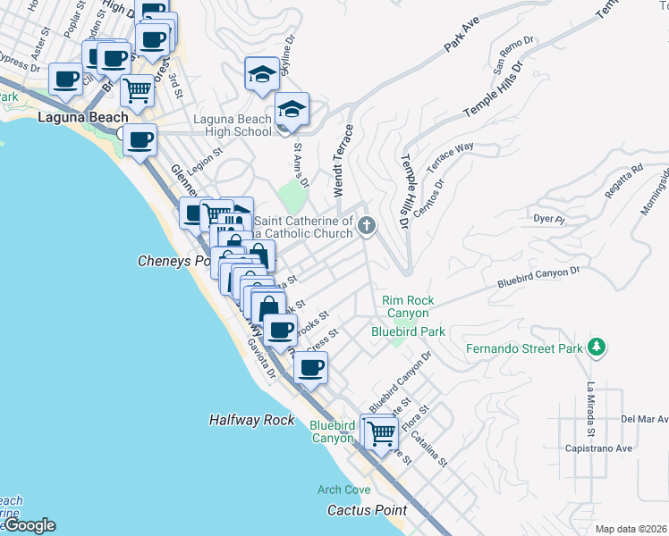 map of restaurants, bars, coffee shops, grocery stores, and more near 617 Lombardy Lane in Laguna Beach