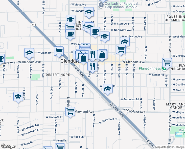 map of restaurants, bars, coffee shops, grocery stores, and more near 5707 West Lamar Road in Glendale