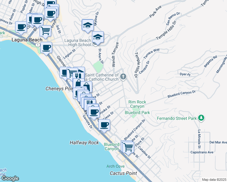 map of restaurants, bars, coffee shops, grocery stores, and more near 617 Lombardy Lane in Laguna Beach