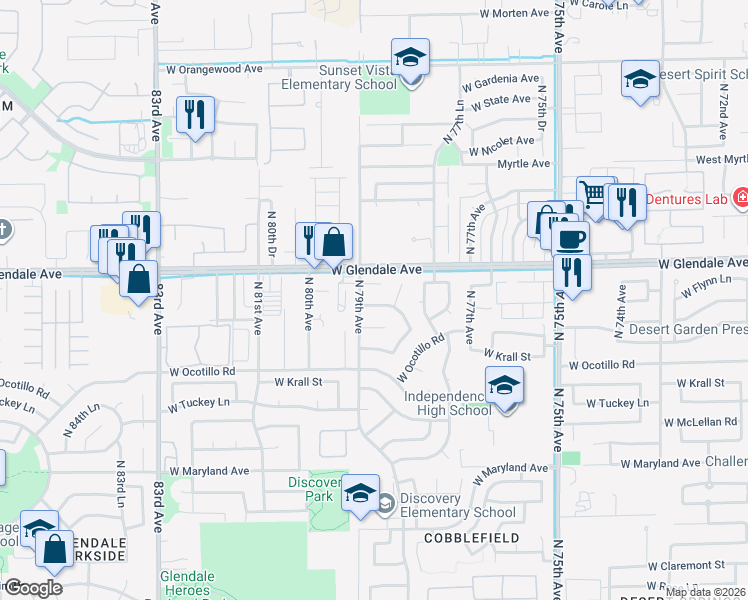 map of restaurants, bars, coffee shops, grocery stores, and more near 7849 West Flynn Lane in Glendale