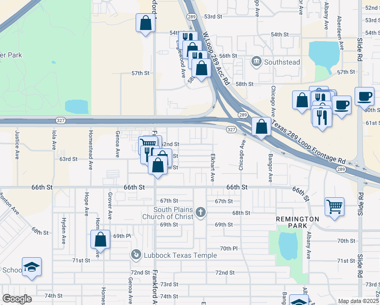 map of restaurants, bars, coffee shops, grocery stores, and more near 5716 63rd Street in Lubbock