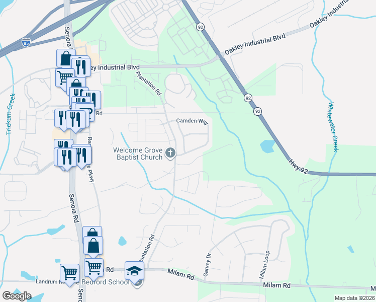 map of restaurants, bars, coffee shops, grocery stores, and more near 65 Camden Way in Fairburn
