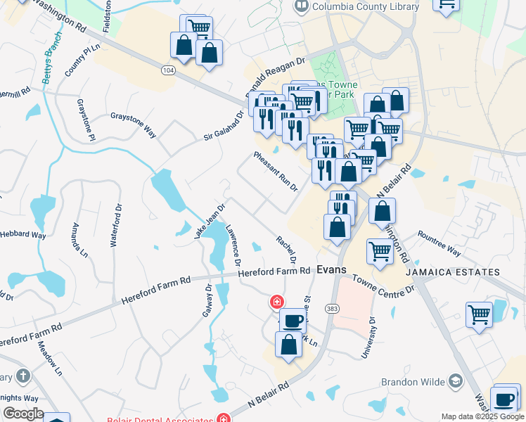 map of restaurants, bars, coffee shops, grocery stores, and more near 483 Rachel Drive in Evans