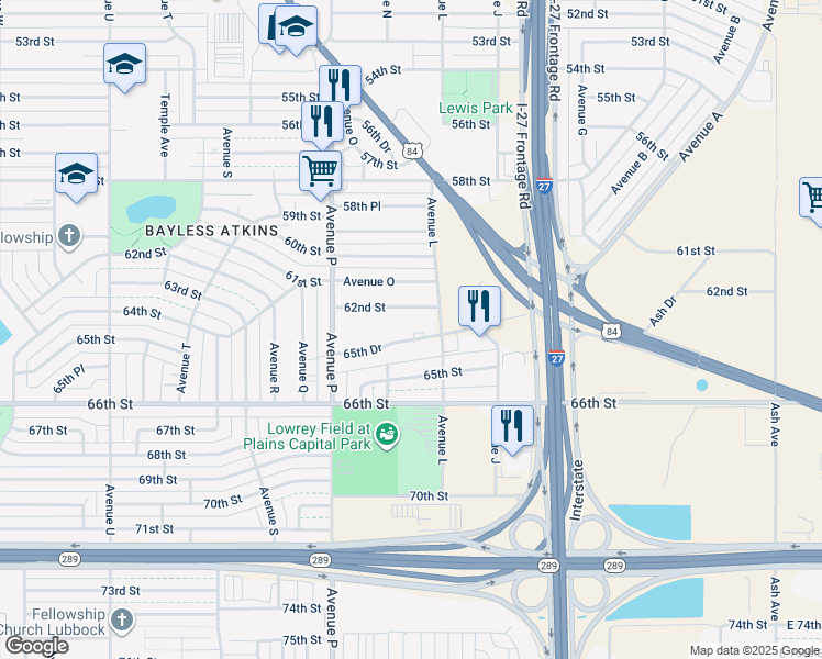 map of restaurants, bars, coffee shops, grocery stores, and more near 1311 62nd Street in Lubbock