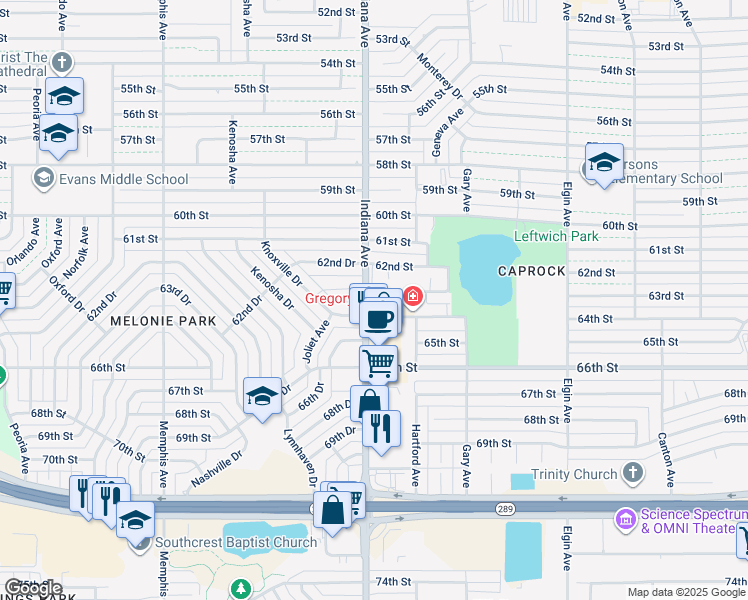 map of restaurants, bars, coffee shops, grocery stores, and more near 6217 Indiana Avenue in Lubbock