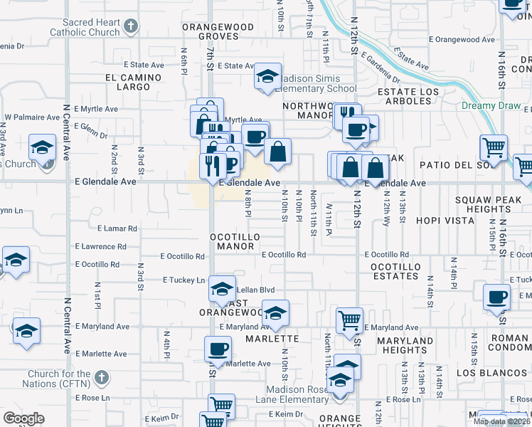 map of restaurants, bars, coffee shops, grocery stores, and more near 819 East Flynn Lane in Phoenix