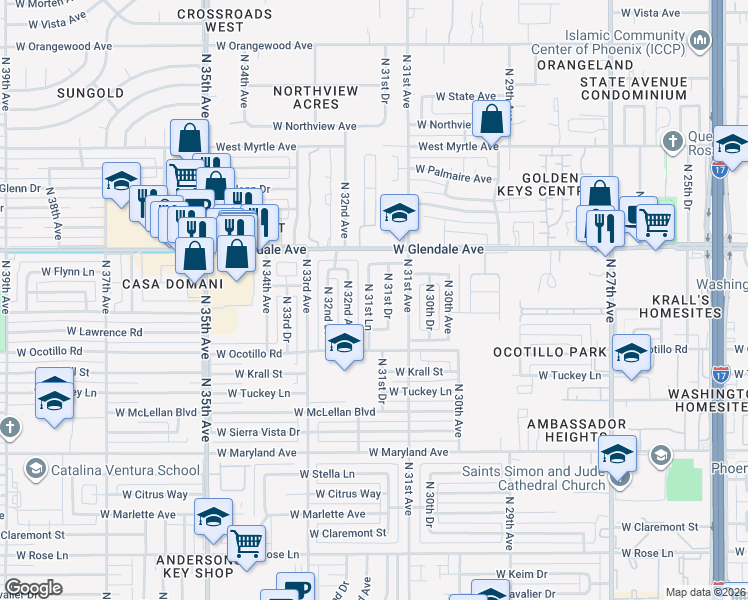 map of restaurants, bars, coffee shops, grocery stores, and more near 6808 North 31st Drive in Phoenix