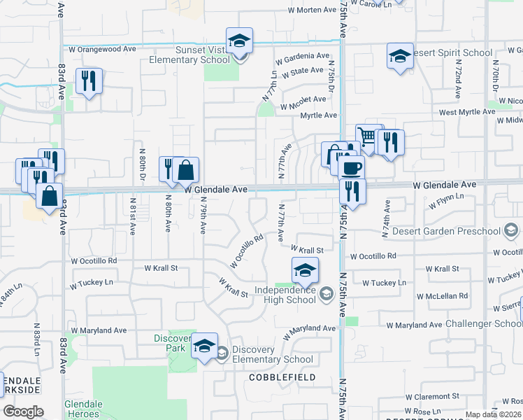 map of restaurants, bars, coffee shops, grocery stores, and more near 7755 West Flynn Lane in Glendale