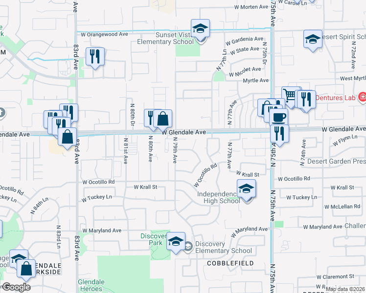 map of restaurants, bars, coffee shops, grocery stores, and more near 7849 West Flynn Lane in Glendale