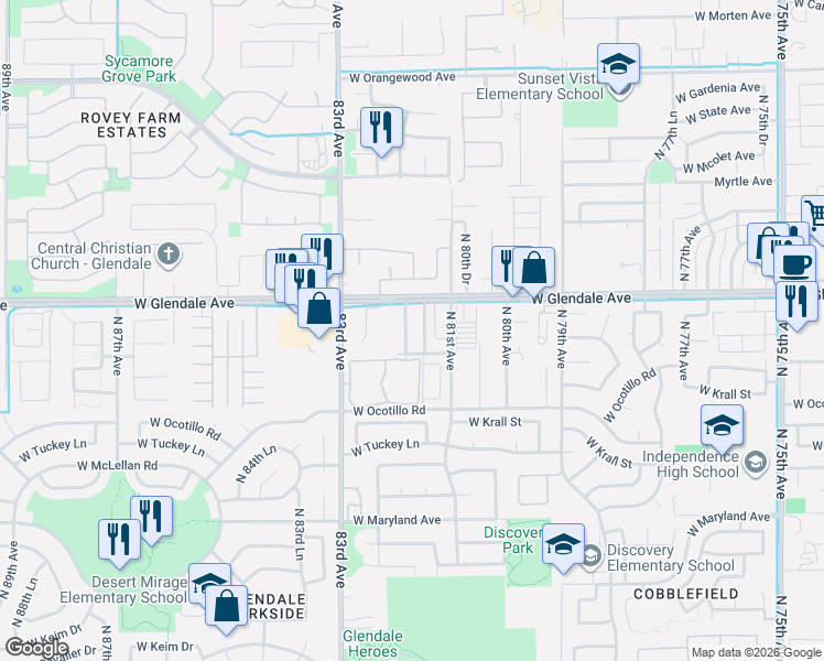 map of restaurants, bars, coffee shops, grocery stores, and more near 6836 North 81st Drive in Glendale