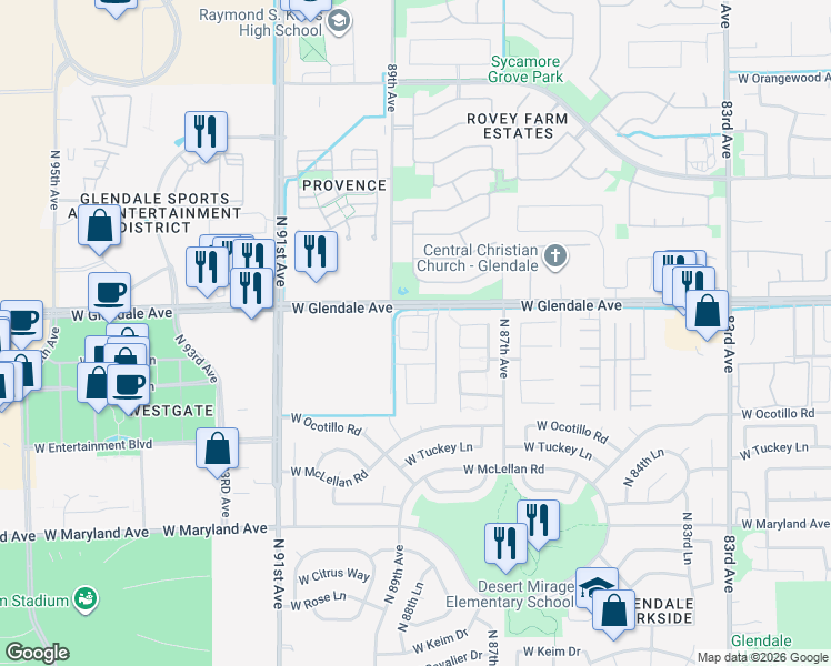 map of restaurants, bars, coffee shops, grocery stores, and more near 8847 West Glendale Avenue in Glendale