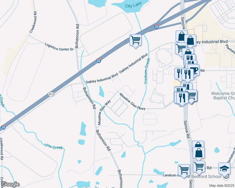 map of restaurants, bars, coffee shops, grocery stores, and more near 4045 Meadow Glen Way in Fairburn