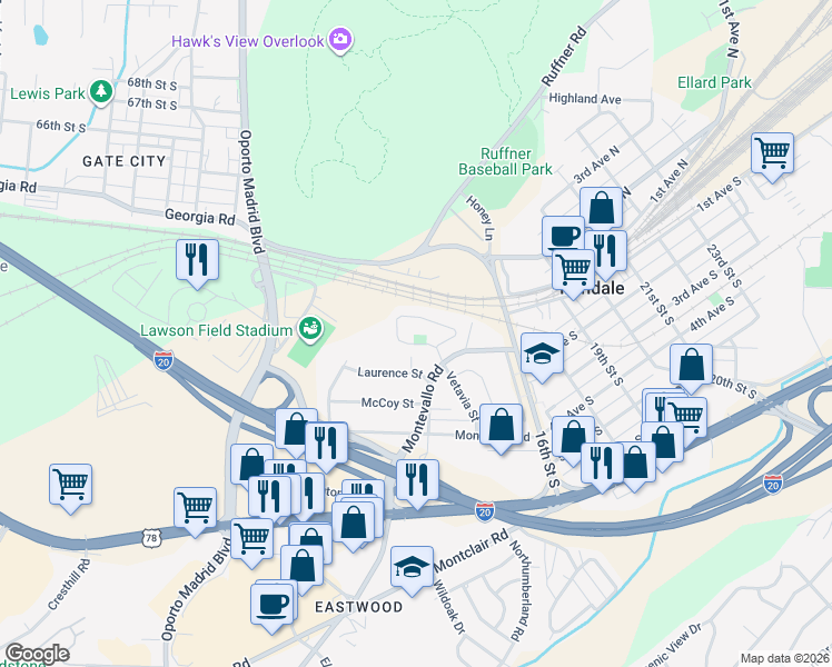 map of restaurants, bars, coffee shops, grocery stores, and more near 1402 Montevallo Road in Irondale