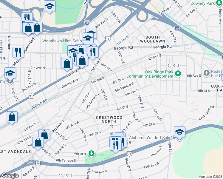 map of restaurants, bars, coffee shops, grocery stores, and more near 528 56th Street South in Birmingham