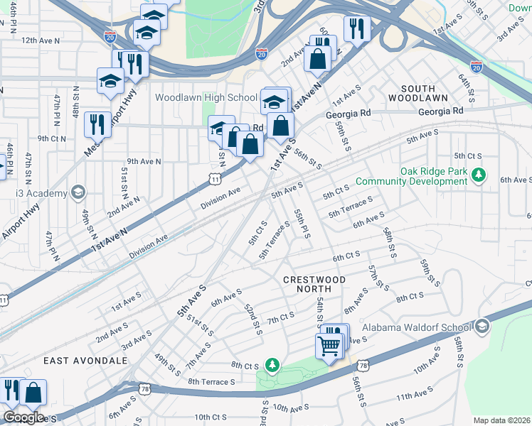 map of restaurants, bars, coffee shops, grocery stores, and more near 5437 5th Avenue South in Birmingham