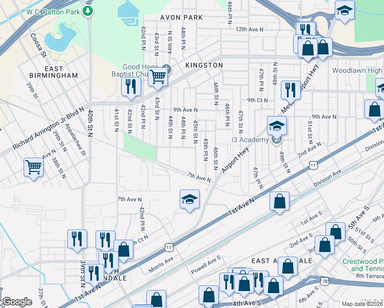 map of restaurants, bars, coffee shops, grocery stores, and more near 756 45th Street North in Birmingham