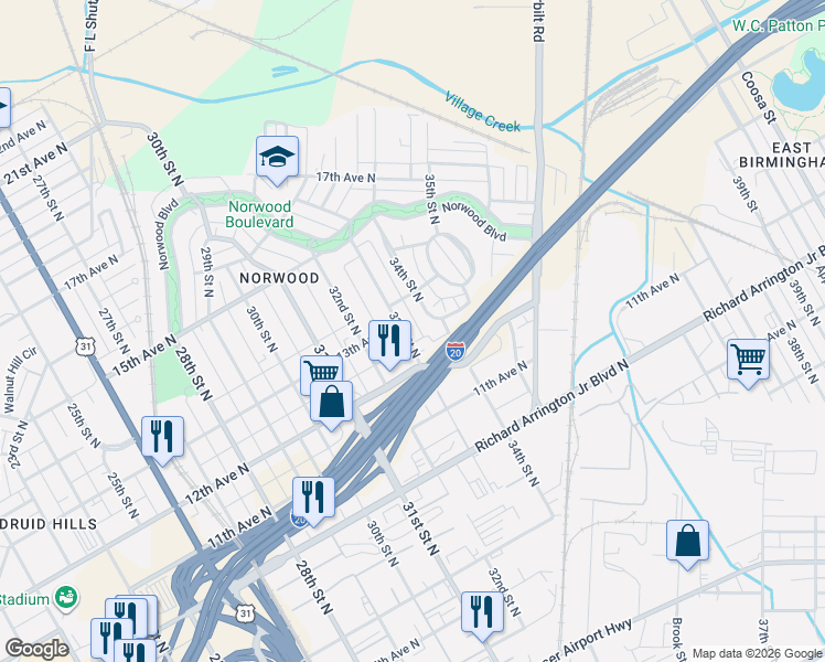 map of restaurants, bars, coffee shops, grocery stores, and more near 1300 33rd Street North in Birmingham