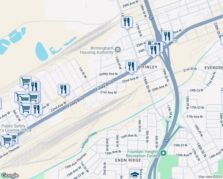 map of restaurants, bars, coffee shops, grocery stores, and more near 1201 Finley Boulevard in Birmingham