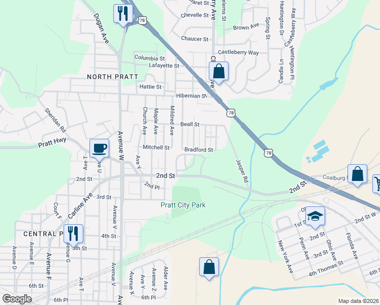 map of restaurants, bars, coffee shops, grocery stores, and more near 105 Beech Avenue in Birmingham