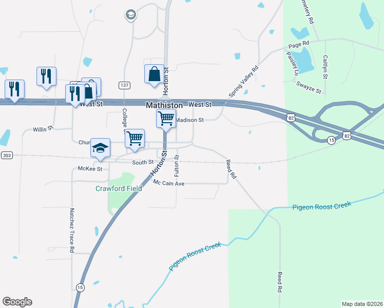 map of restaurants, bars, coffee shops, grocery stores, and more near 350 Scott Avenue in Mathiston