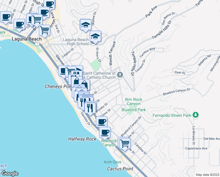 map of restaurants, bars, coffee shops, grocery stores, and more near 617 Lombardy Lane in Laguna Beach