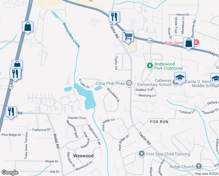 map of restaurants, bars, coffee shops, grocery stores, and more near 7980 Woodlake Drive in Riverdale