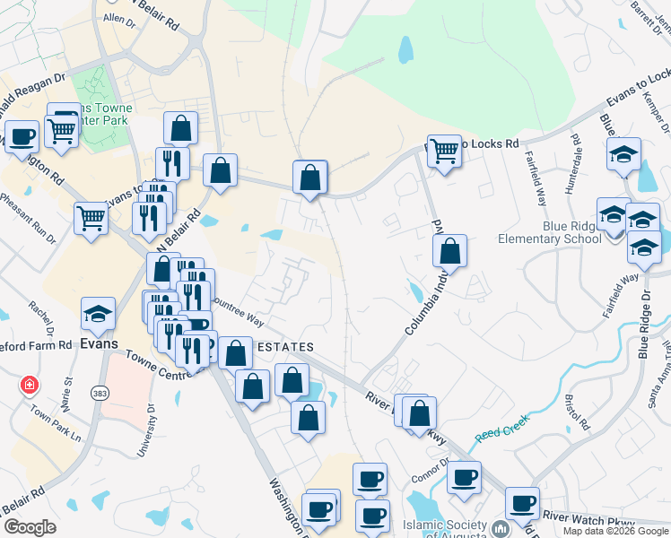 map of restaurants, bars, coffee shops, grocery stores, and more near 435 Evans Mill Drive in Evans