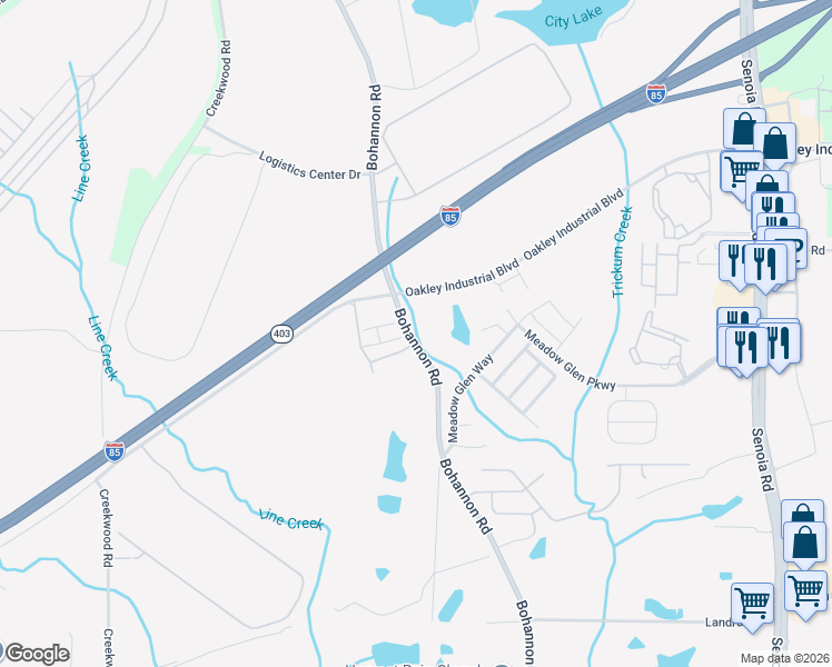 map of restaurants, bars, coffee shops, grocery stores, and more near 7875 Bohannon Road in Fairburn