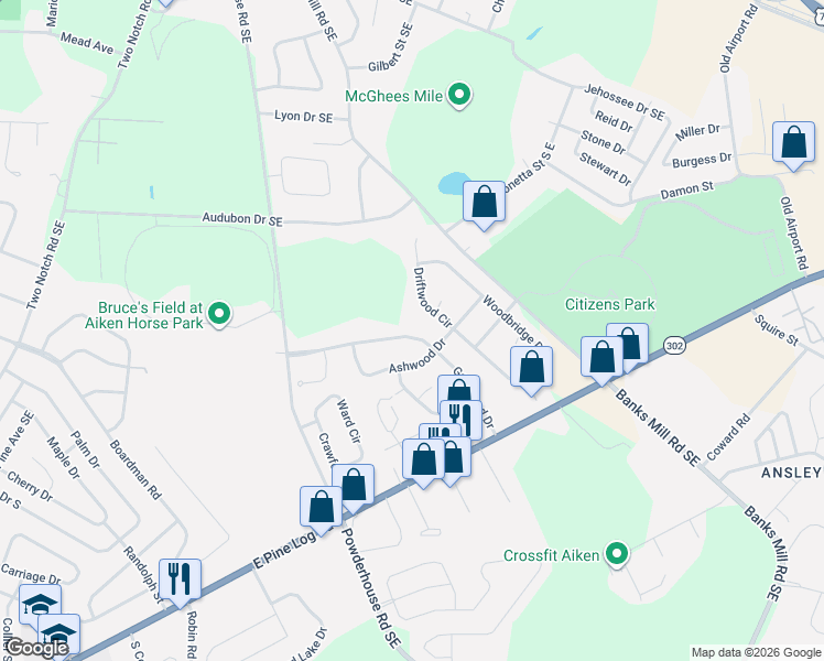 map of restaurants, bars, coffee shops, grocery stores, and more near 162 Gatewood Drive in Aiken
