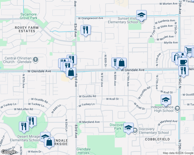 map of restaurants, bars, coffee shops, grocery stores, and more near 6836 North 81st Drive in Glendale
