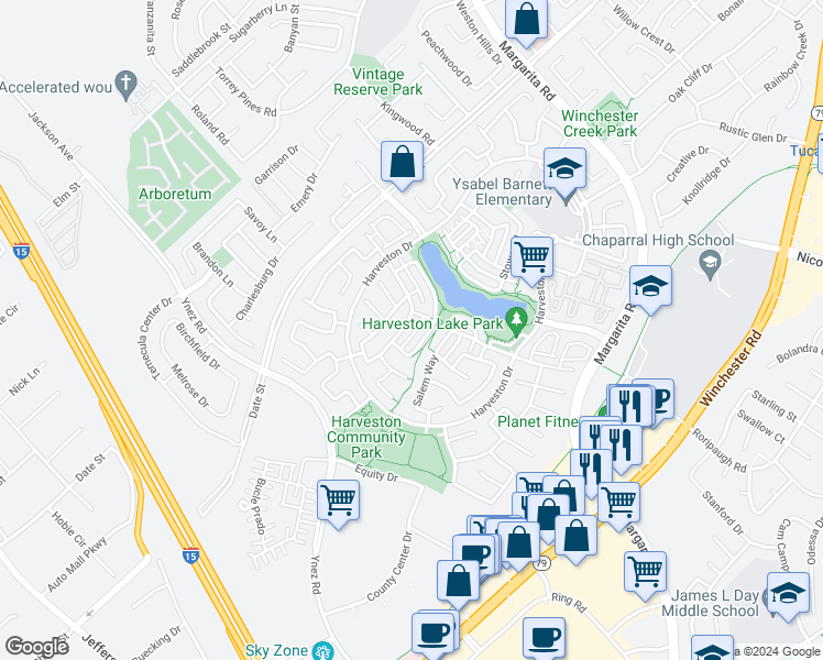 map of restaurants, bars, coffee shops, grocery stores, and more near 40192 Pasadena Drive in Temecula