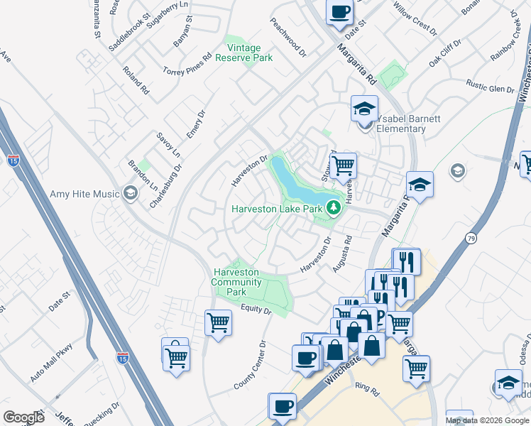 map of restaurants, bars, coffee shops, grocery stores, and more near 40192 Pasadena Drive in Temecula