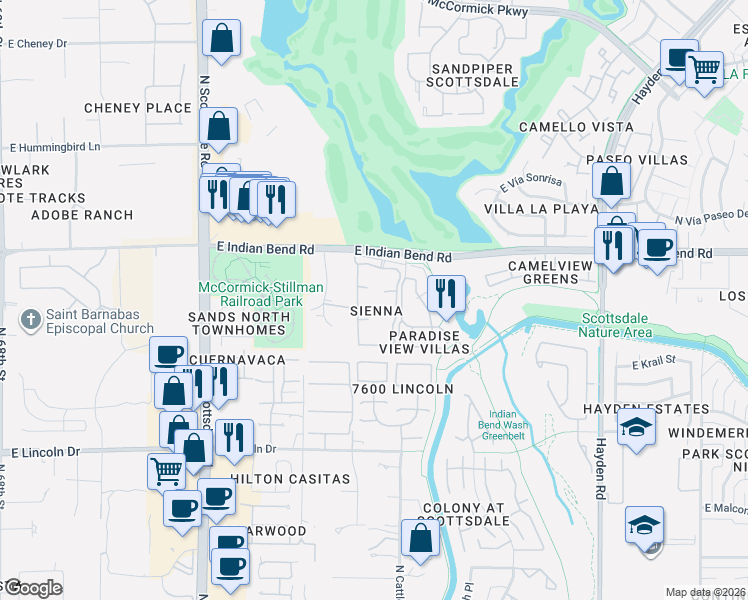 map of restaurants, bars, coffee shops, grocery stores, and more near 7575 East Indian Bend Road in Scottsdale