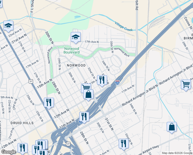 map of restaurants, bars, coffee shops, grocery stores, and more near 1313 32nd Street North in Birmingham