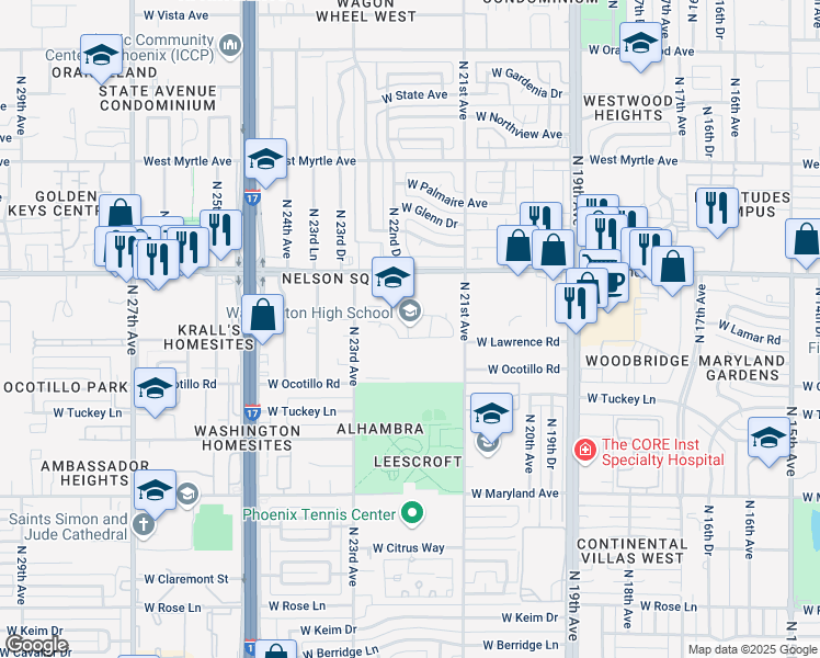 map of restaurants, bars, coffee shops, grocery stores, and more near 2217 West Glendale Avenue in Phoenix