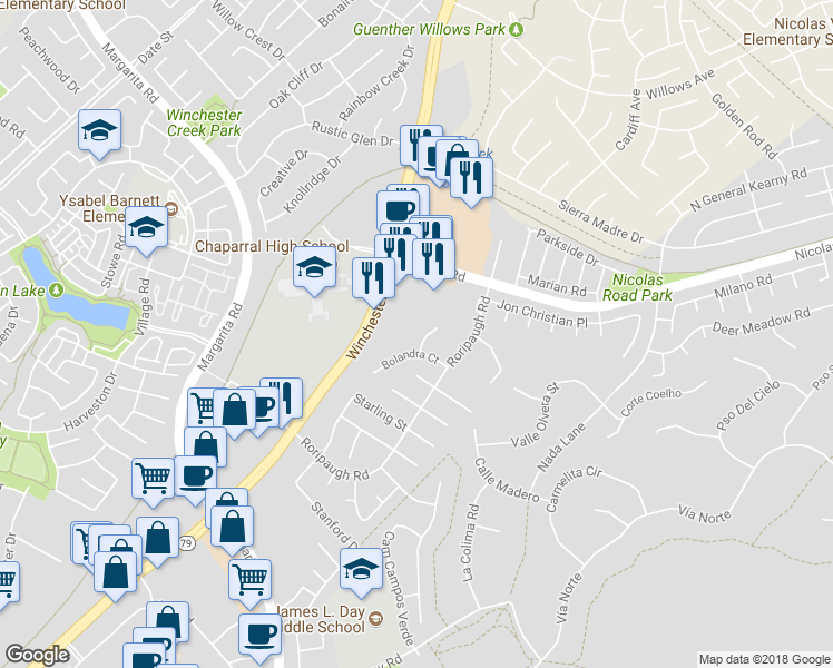 map of restaurants, bars, coffee shops, grocery stores, and more near 39761 Barberry Court in Temecula