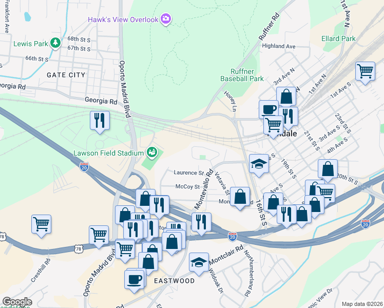 map of restaurants, bars, coffee shops, grocery stores, and more near 2885 Montevallo Park Road in Irondale