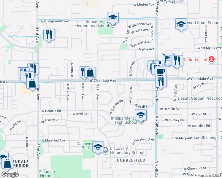 map of restaurants, bars, coffee shops, grocery stores, and more near 6915 North 78th Avenue in Glendale