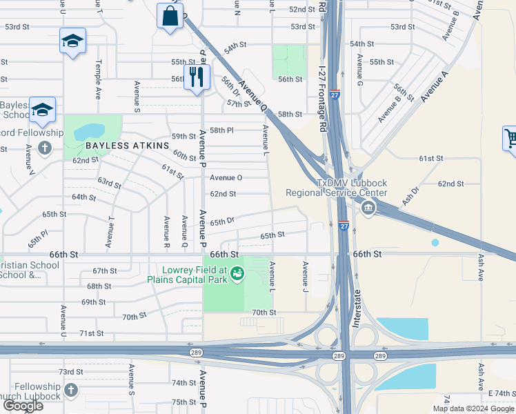 map of restaurants, bars, coffee shops, grocery stores, and more near 1310 65th Drive in Lubbock