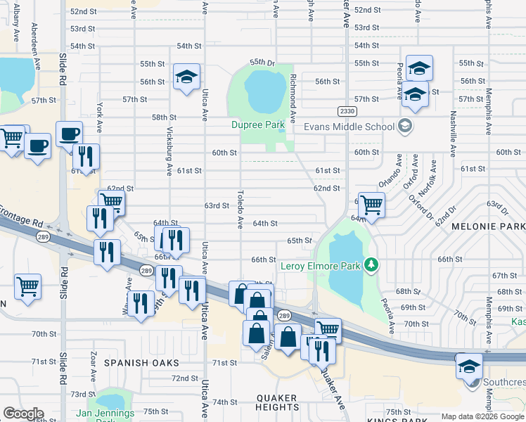 map of restaurants, bars, coffee shops, grocery stores, and more near 4606 63rd Street in Lubbock